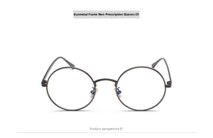 Front view of retro gunmetal round metal frame glasses with clear lenses