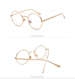 Professional detailed views of retro gold round metal frame glasses at 90 and 180 degrees.