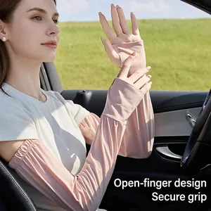 Summer pink ice silk sun protection sleeves for women with fingerless design for driving