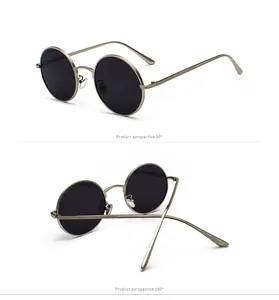 Two-perspective detail view of retro metal round sunglasses in gold and black.