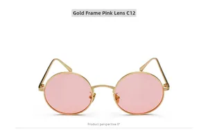 Vintage round metal sunglasses with gold frames and pink lenses, C12 model style.