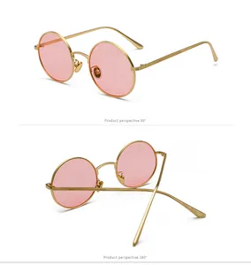Retro round metal sunglasses with pink lenses displayed from 90 and 180 degree angles.