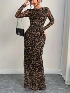 Elegant women's leopard print slim-fit mesh maxi dress with sheer long sleeves