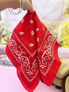 Close-up of a vibrant red paisley pet bandana scarf featuring cute dog pattern icons