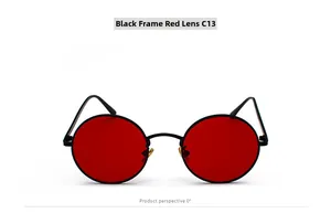 Front view of retro round metal sunglasses with red lenses and elegant black frame