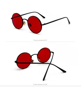Detailed views of retro round metal sunglasses with red lenses and black frame