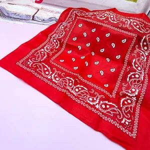 Detail shot showing the classic white paisley pattern on a red pet bandana scarf