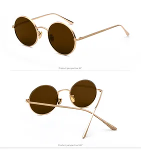 Detail view showing the 90 and 180 degree perspectives of retro gold round sunglasses