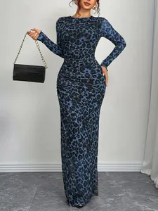 Elegant blue leopard print slim fit mesh maxi dress with long sleeves for women