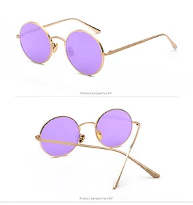 Detailed product perspectives of purple round sunglasses at 90 and 180 degree angles