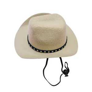 Miniature beige pet cowboy hat with decorative navy star band and adjustable chin strap