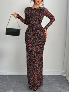Detailed view of elegant leopard print slim-fit mesh long-sleeved maxi dress for women