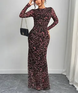 Elegant leopard print slim fit mesh long sleeve maxi dress shown in full length view