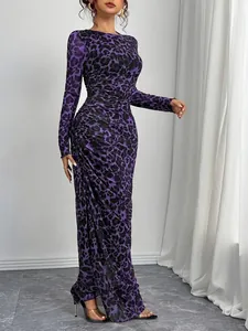 Elegant purple leopard print mesh maxi dress with long sleeves and ruched detail.