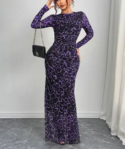 Elegant purple leopard print slim fit mesh long sleeve maxi dress with ruched detail