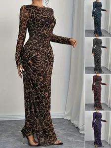 Women Sexy Leopard Print Mesh Ruched Maxi Dress Elegant Bodycon Long Sleeve Ruched Polyester Long Dress For Club Party