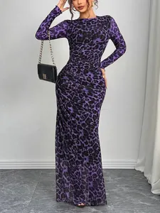 Elegant purple leopard print mesh maxi dress featuring slim fit and long sleeves design