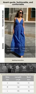 Detailed blue V-neck sleeveless maxi dress size chart with length and bust measurements