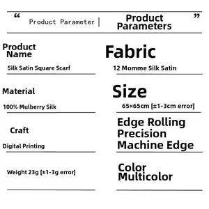 Full technical specifications and parameters for 100% mulberry silk square scarf