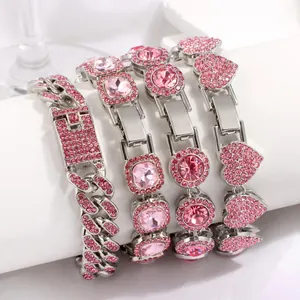 Elegant silver Cuban bracelets set with pink rhinestones in heart and round shapes