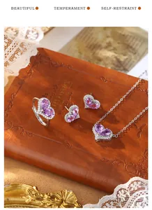 Elegant S925 sterling silver heart amethyst jewelry set featuring necklace earrings and ring