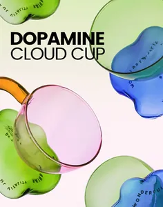 Detailed close-up view of vibrant colorful dopamine cloud glass cups with wavy bases