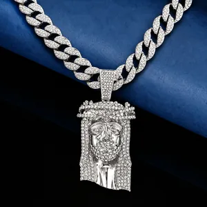 Alloy Rhinestone Jesus Pendant Necklace Gold Silver Cuban Chain Hip Hop Men Women Personalized Street Jewelry
