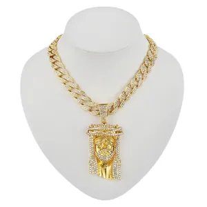 Hip hop gold plated Jesus piece necklace with rhinestone encrusted pendant for men