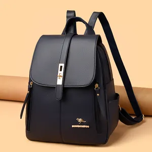 Elegant navy blue leather backpack for women featuring stylish gold kangaroo logo decoration