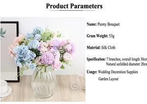 Detailed product specs of artificial silk peony bouquet for wedding and home decor