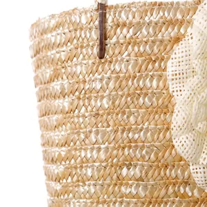 Close-up detail of the small twist straw weave texture on a stylish beach tote bag