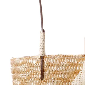 Close-up detail of the woven texture and handle attachment of a straw handbag