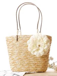 Handwoven Wheat Straw Bucket Bag For Women Fashion Twist Woven Beach Handbag With Large Flower Decor Summer Holiday Purse