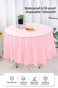 Detailed view of pink disposable round PEVA tablecloth with waterproof and oil-proof features