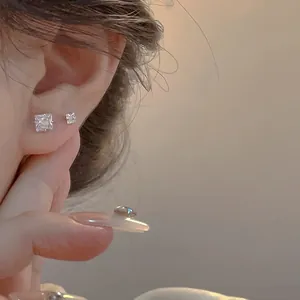 S925 silver square cubic zirconia stud earrings minimalist sparkling jewelry for women
