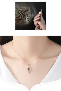 Close-up of heart-shaped projection necklace showing 100 languages 'I Love You' effect