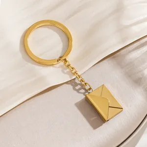 Close-up detail of the creative gold-toned envelope pendant for a romantic keychain gift.