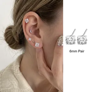 The detailed view of 6mm square cubic zirconia stud earrings in S925 sterling silver
