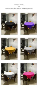 Showcase of various solid color round disposable PEVA tablecloths for parties