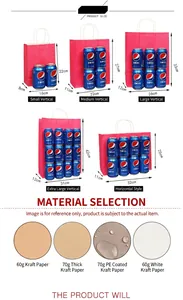 Size guide and material options for colorful pink kraft paper gift bags with handles