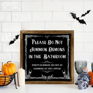 Halloween wooden sign "Please Do Not Summon Demons in the Bathroom" wall art decor