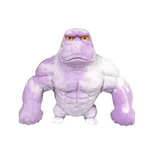 Vue détaillée de face d'un jouet anti-stress gorille musclé violet et blanc de soulagement