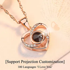 925 Sterling Silver Heart Projection Necklace 100 Languages I Love You Memory Pendant Rose Gold White Gold Rhinestone Jewelry