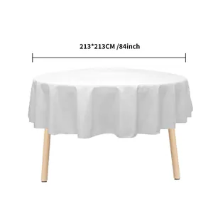 Heavy duty white round disposable PEVA tablecloth measuring 84 inches for parties