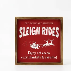 Square Christmas wooden painting ornament with Santa sleigh rides 20x20cm size detail