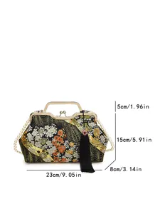 Detailed view of New Chinese style embroidered clutch with pearl chain and dimensions