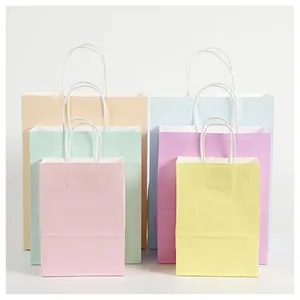 Set of colorful pastel paper gift bags with white handles in various sizes