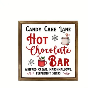 Square wooden frame wall art featuring a festive Hot Chocolate Bar design, 20x20cm.