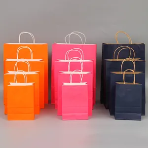 Multi-colored Kraft paper gift bags with handles in assorted sizes and vibrant shades