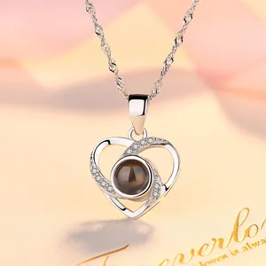S925 sterling silver heart projection necklace with 100 languages I Love You stone pendant